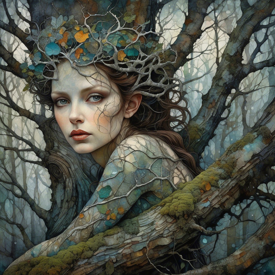 Ethereal Figure Among Twisted Trees and Nature Elements