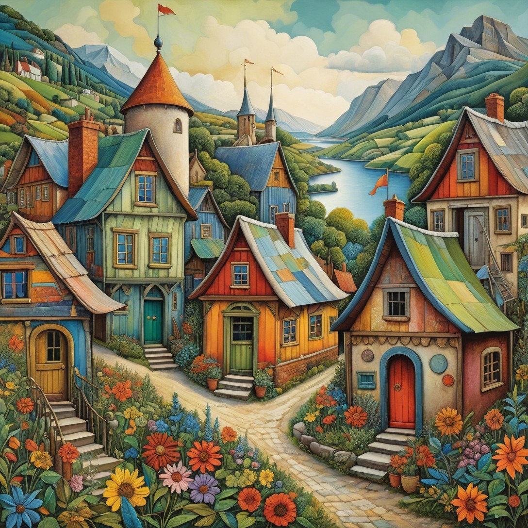 Vibrant Village Scene with Colorful Houses and Lake