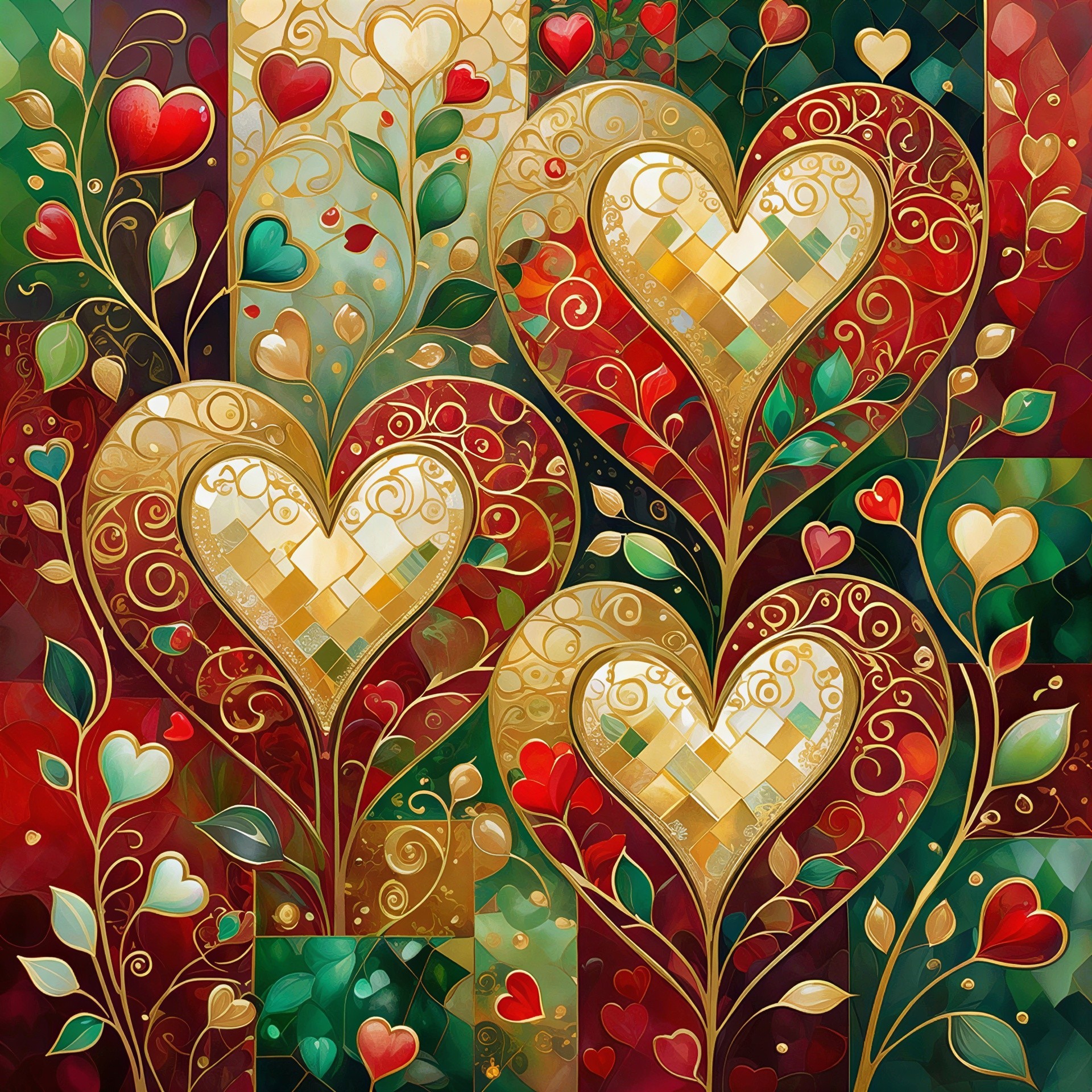 Hearts in Gold and Red with Mosaic Patterns