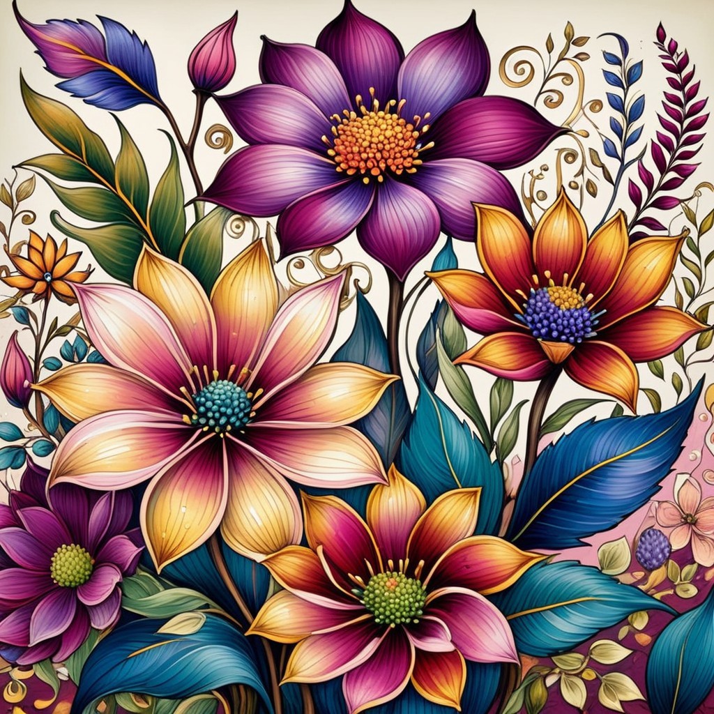 Vibrant Floral Illustration with Rich Colors and Details