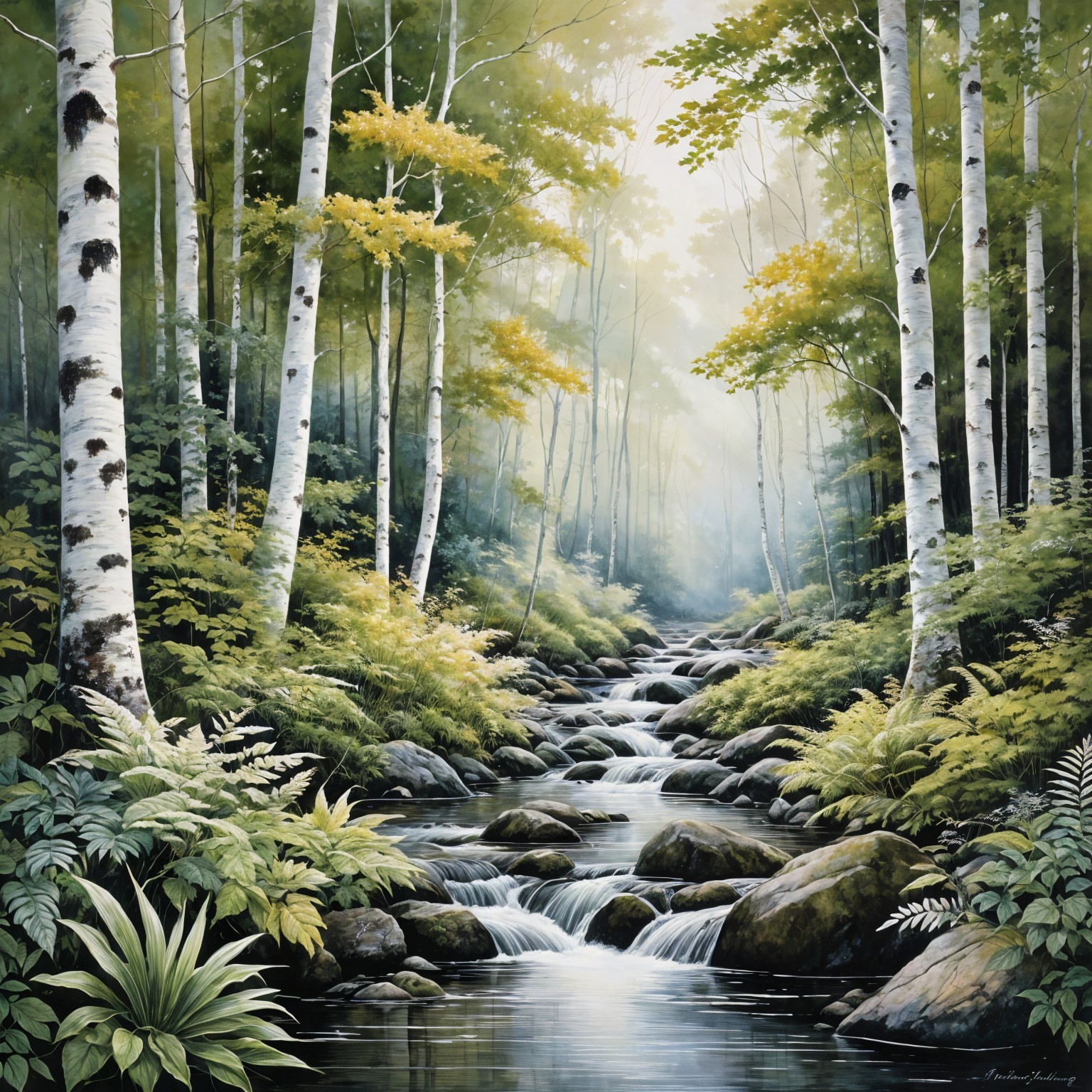 Serene Forest Scene with Stream and Birch Trees