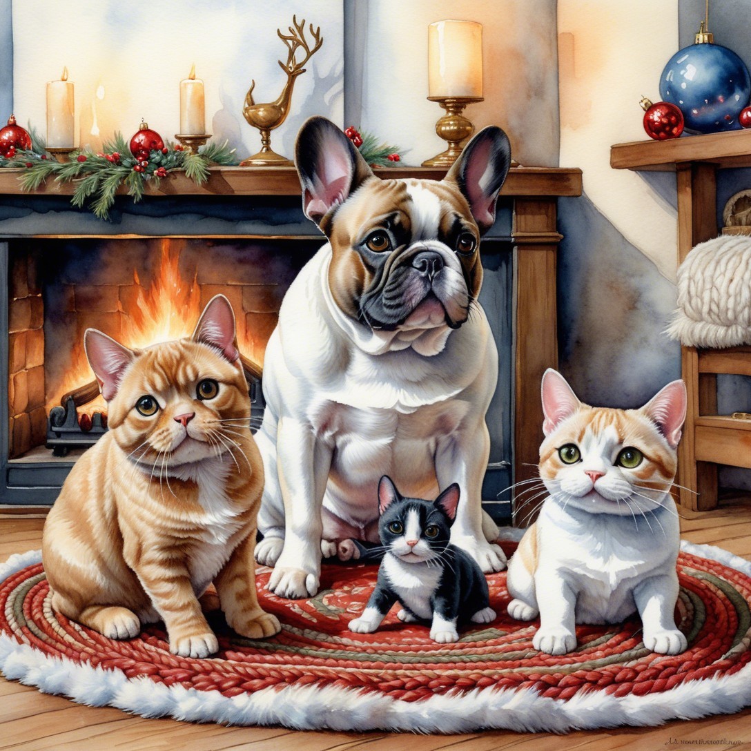 Watercolor Painting of Bulldog and Cats by Fireplace