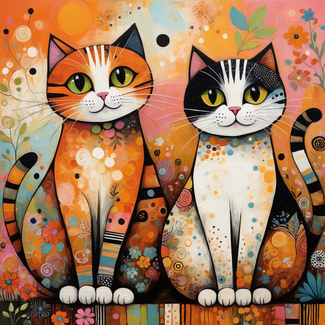 Whimsical Cats with Colorful Background and Plants