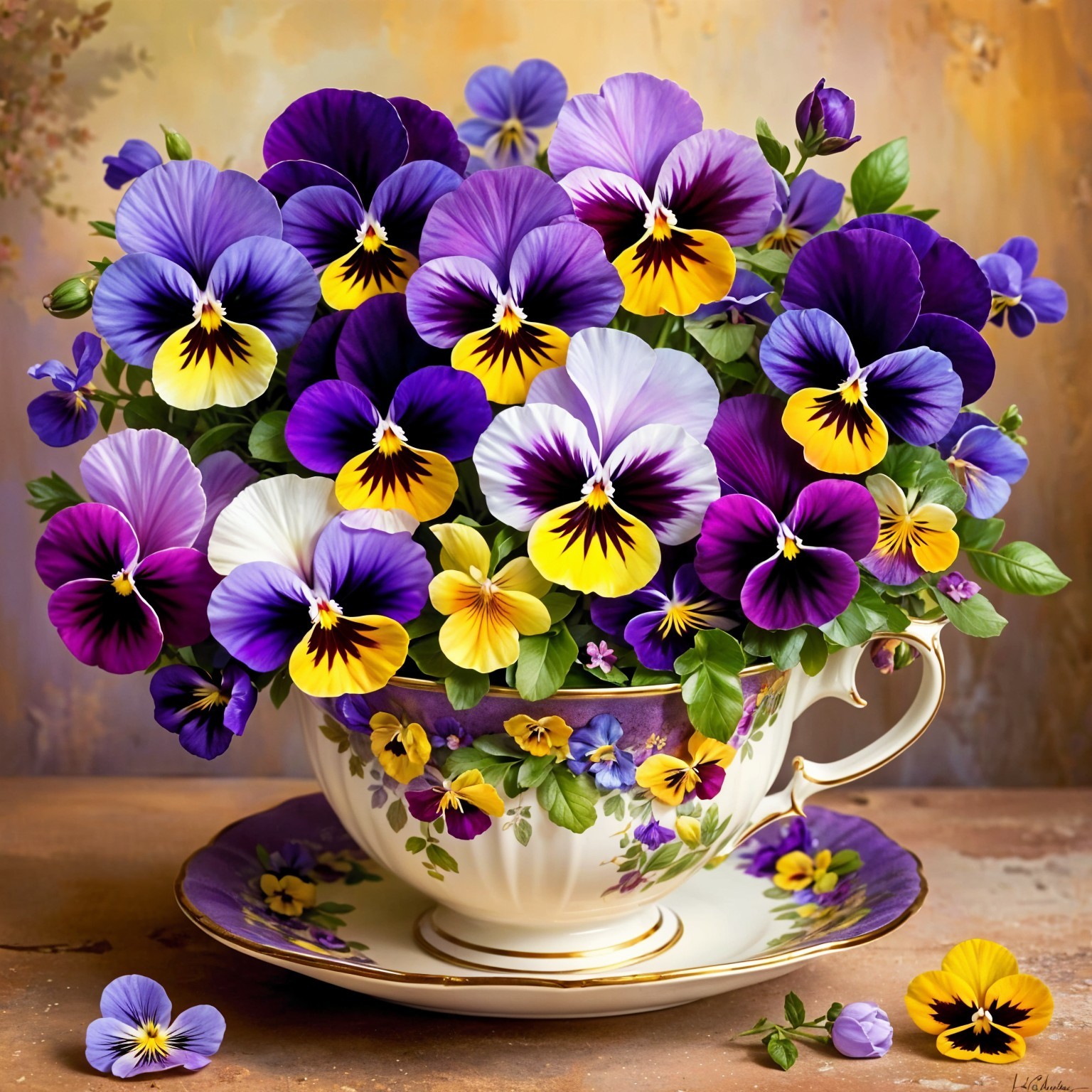 Vibrant Pansies in Vintage Porcelain Teacup Arrangement