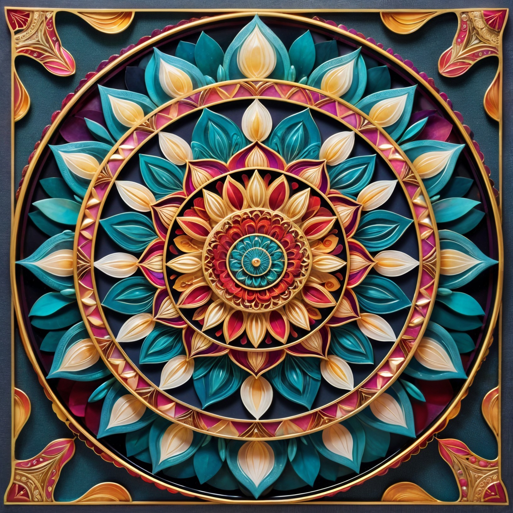 Vibrant Mandala with Green Leaves and Flowers