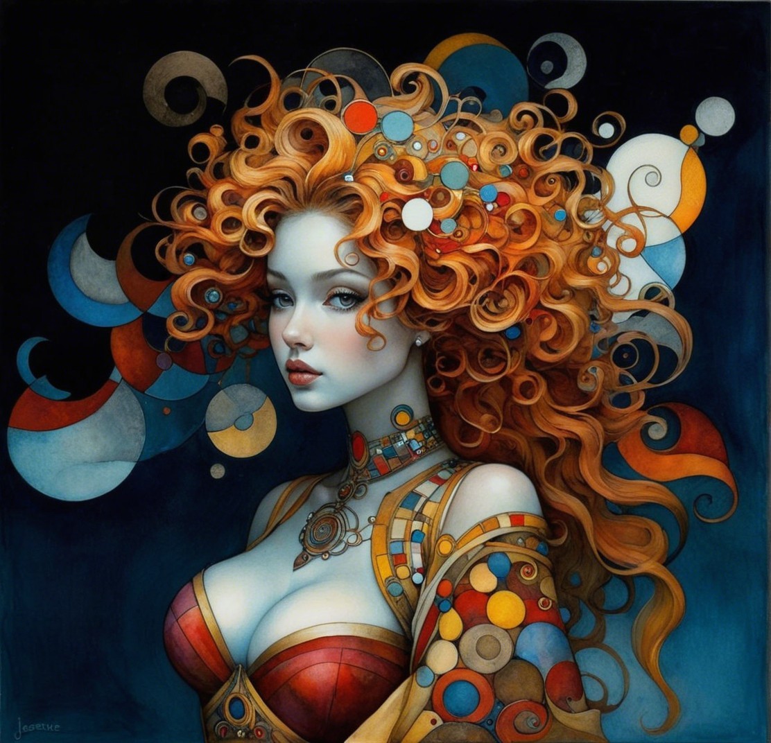 Vibrant Artwork of a Woman with Curly Red Hair