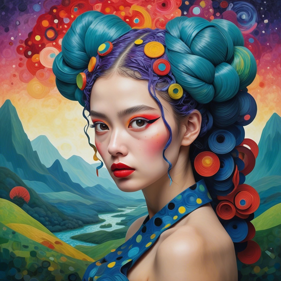 Portrait of a woman with vibrant hair and bold makeup