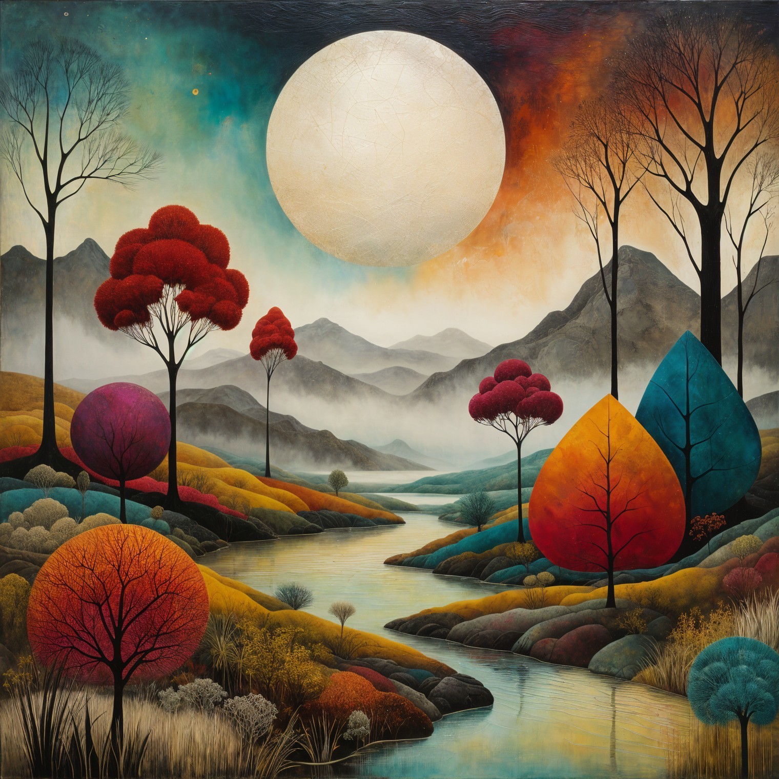Surreal Landscape with Colorful Trees and Moonlight