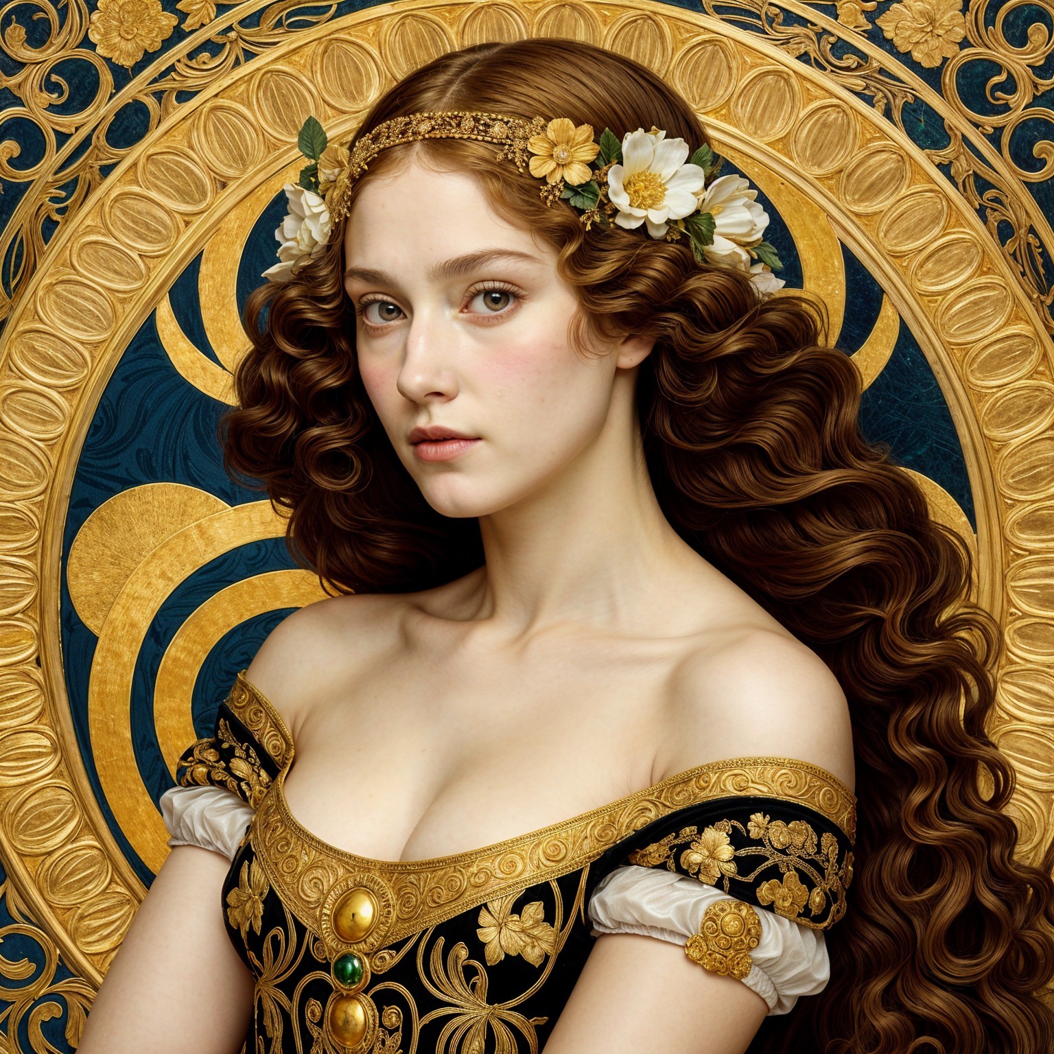 Elegant portrait of a woman in a black dress with flowers