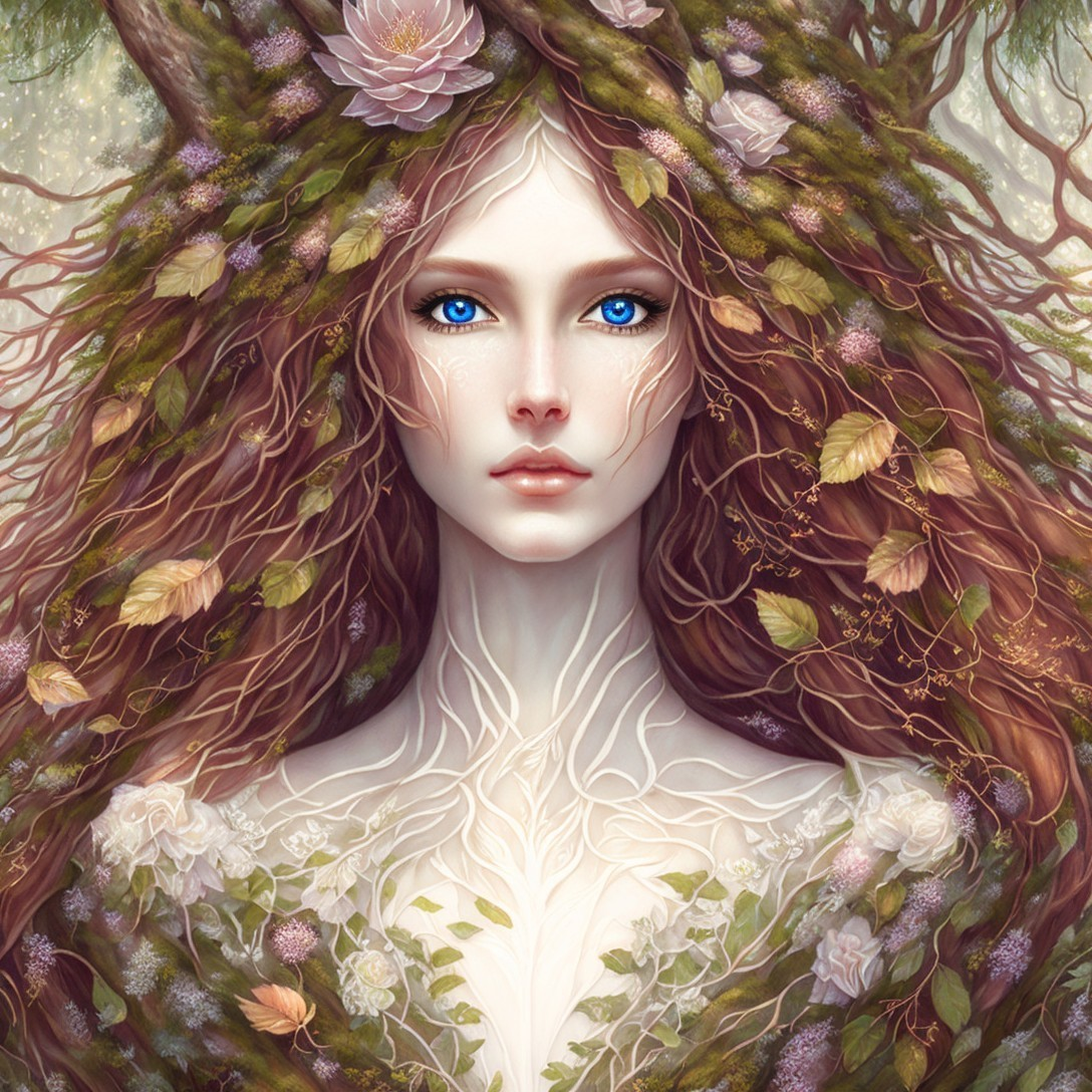 Ethereal Woman with Vine-Like Hair and Floral Accents