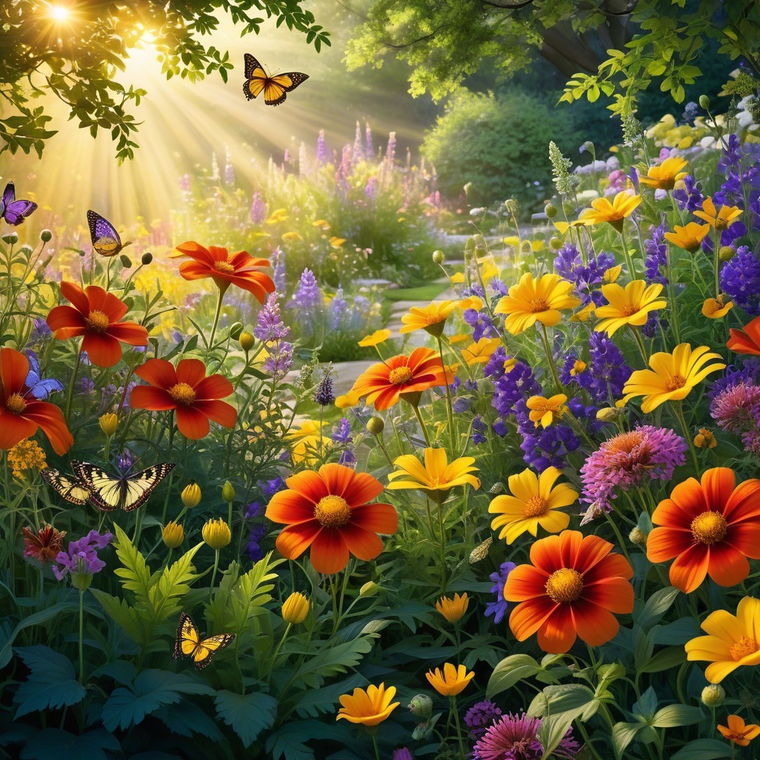 Vibrant Garden with Colorful Flowers and Butterflies