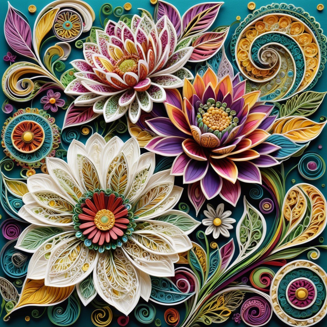 Intricate Paper Flower Arrangement on Teal Background