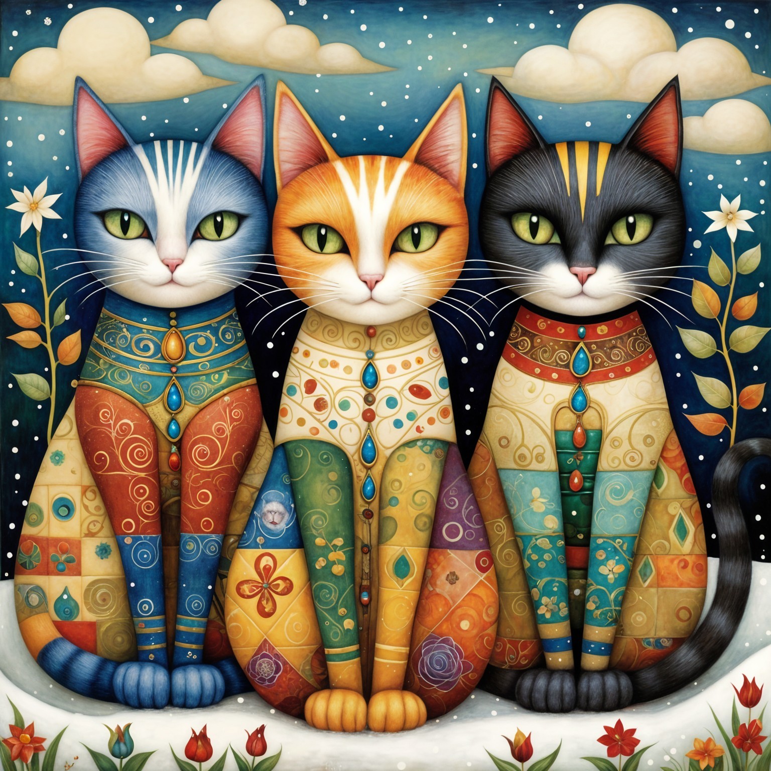 Stylized Cats with Vibrant Fur in Whimsical Setting