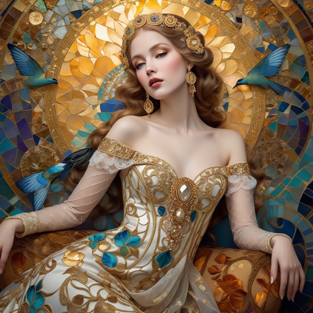 Elegant Woman in Opulent Gown with Stained Glass Backdrop