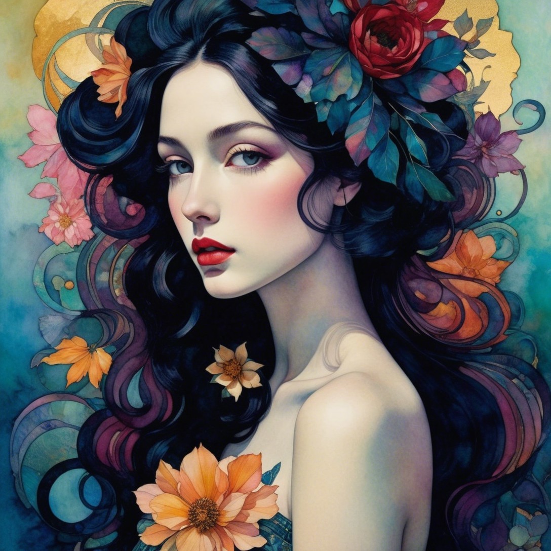 Stylized portrait of a woman with flowers and patterns