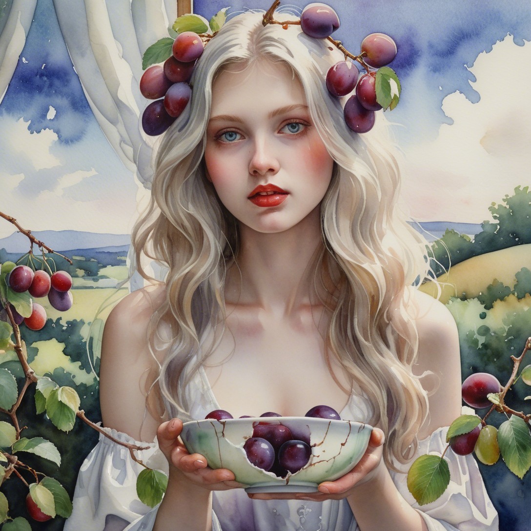Young woman with plums in serene landscape setting