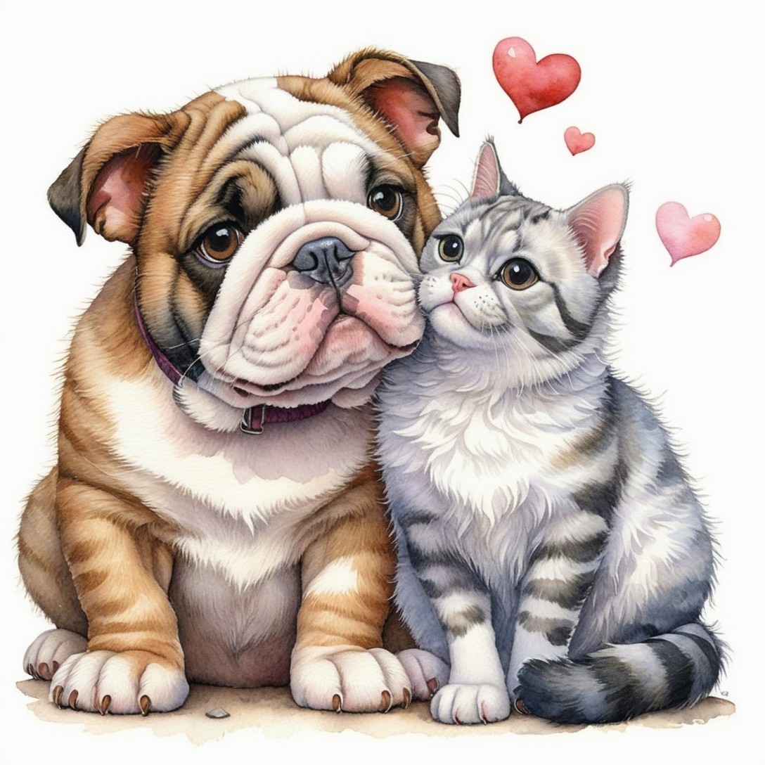Illustration of Bulldog and Tabby Cat with Hearts