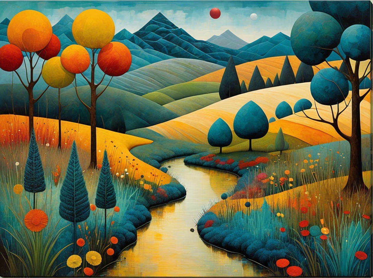 Vibrant Landscape with Rolling Hills and Stylized Trees