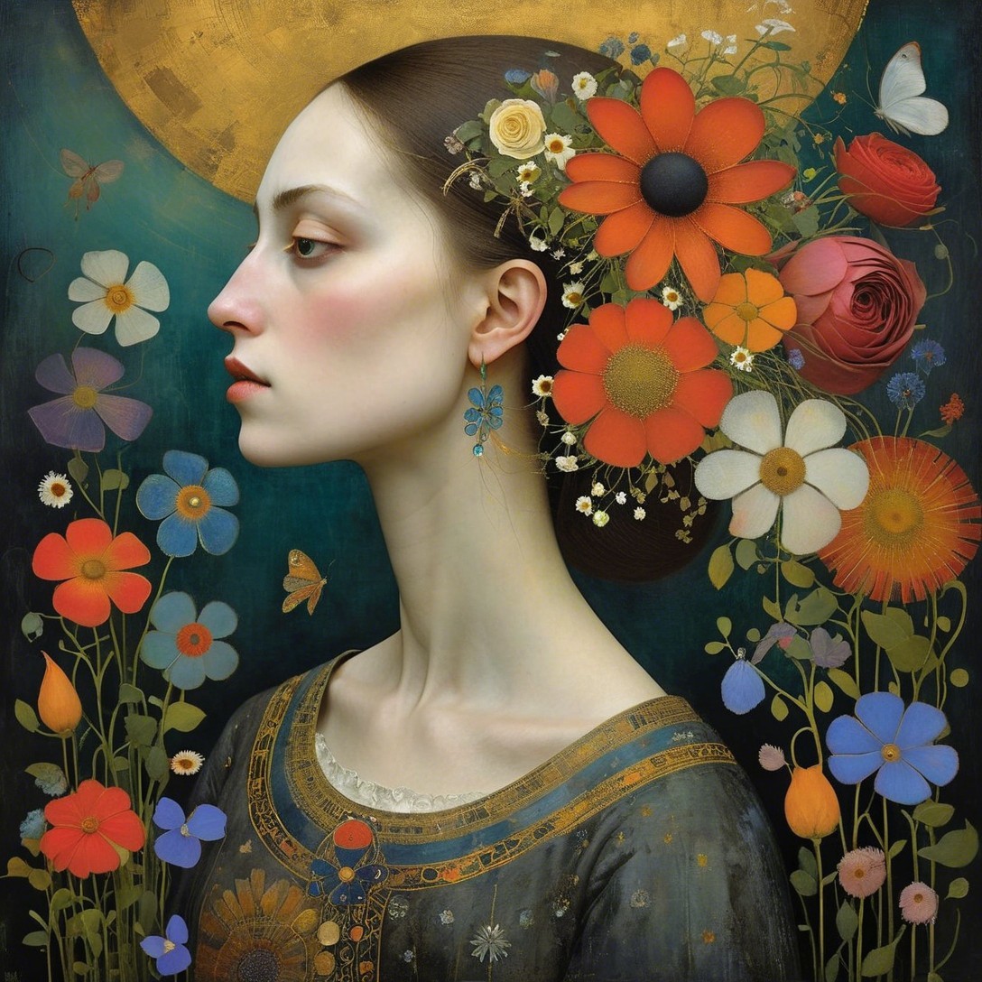 Woman with Flowers in Hair Against Colorful Backdrop