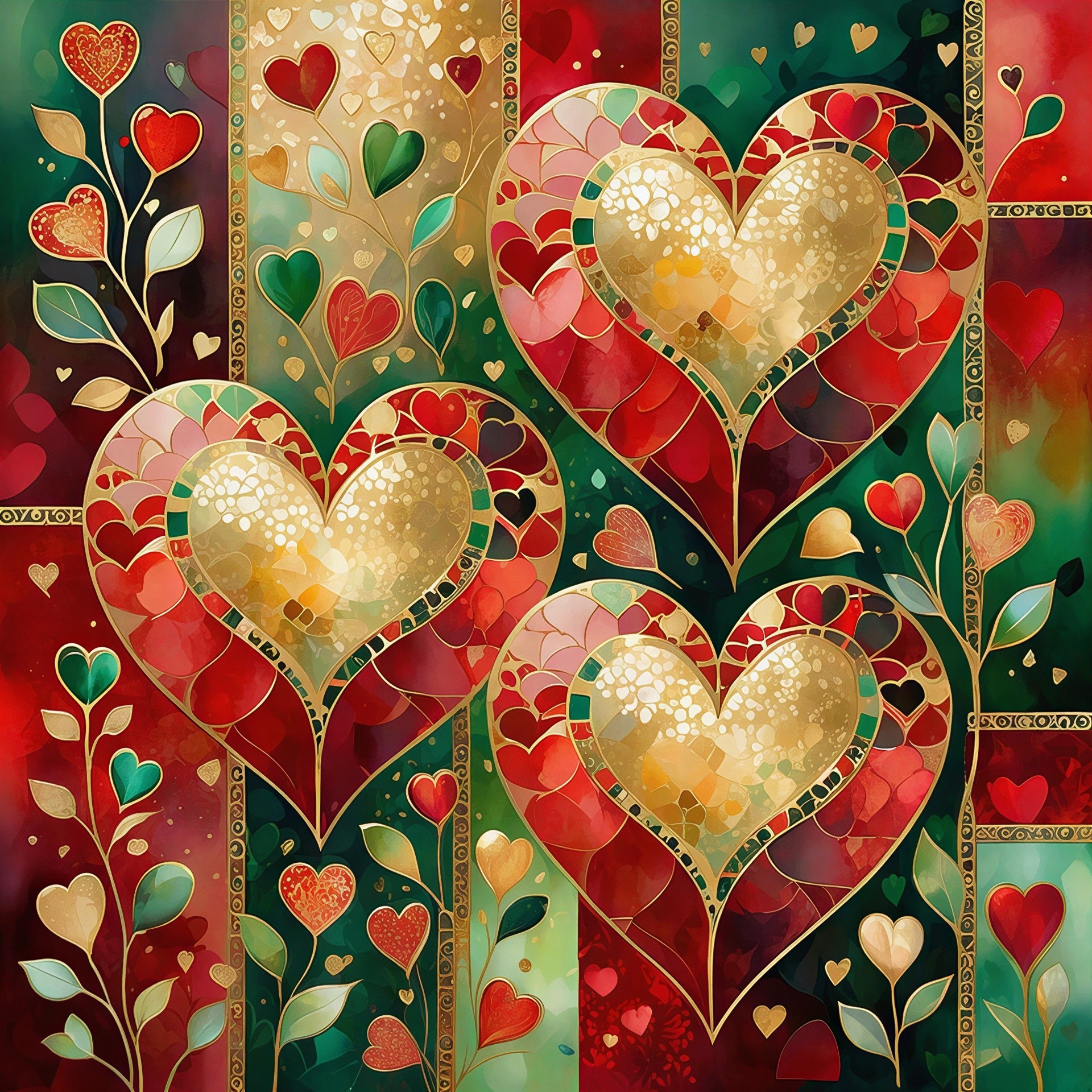 Stained Glass Hearts with Gold Leaf on Colorful Background
