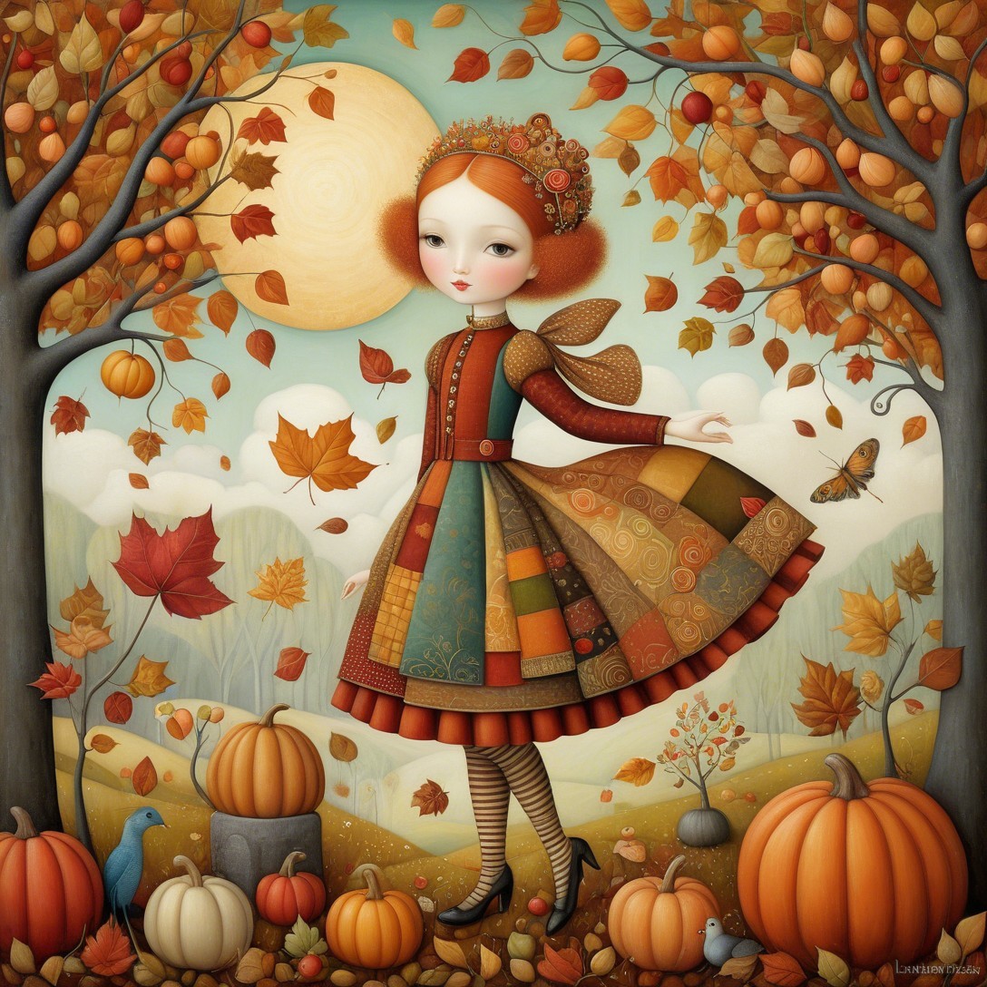 Whimsical Autumn Scene with Dancing Girl and Leaves