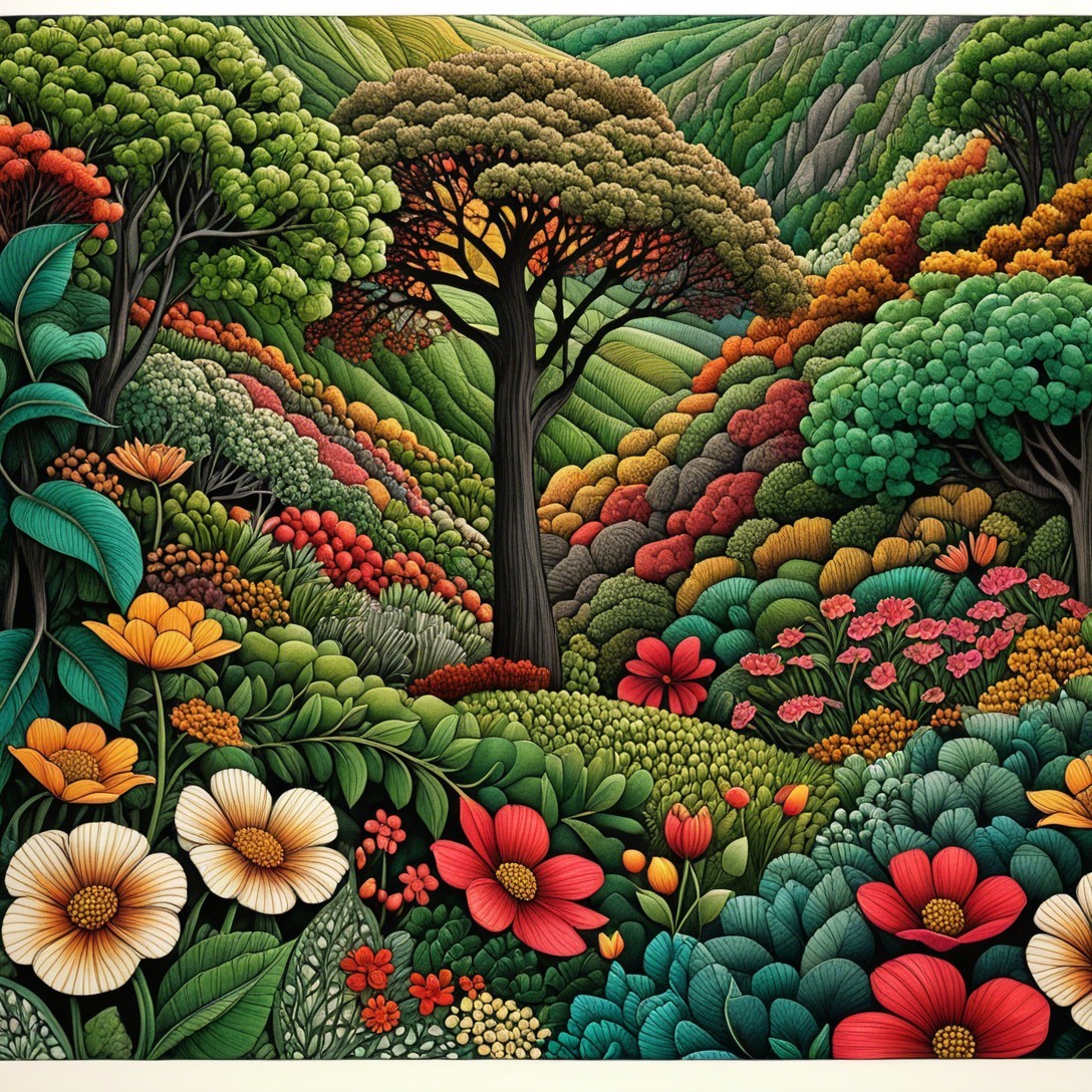 Vibrant Landscape with Lush Trees and Colorful Flowers