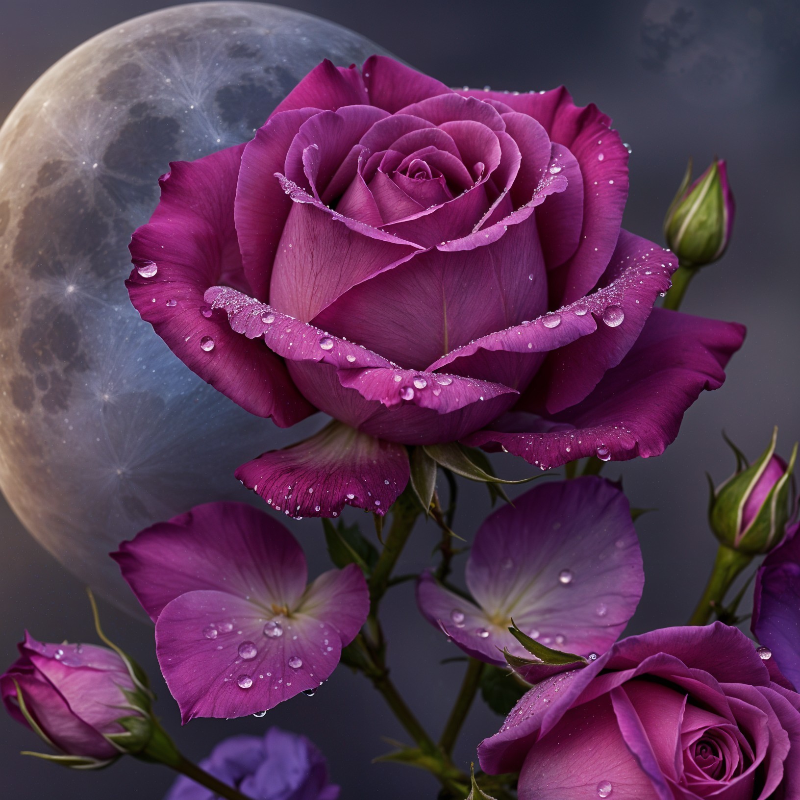 Close-Up of a Purple Rose with Dew and Moonlight