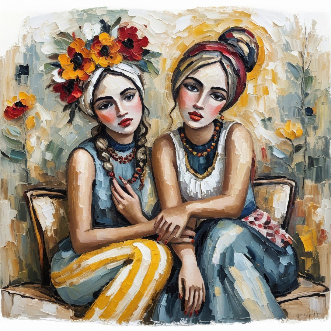 Elegantly Dressed Women with Floral Accents and Intimacy