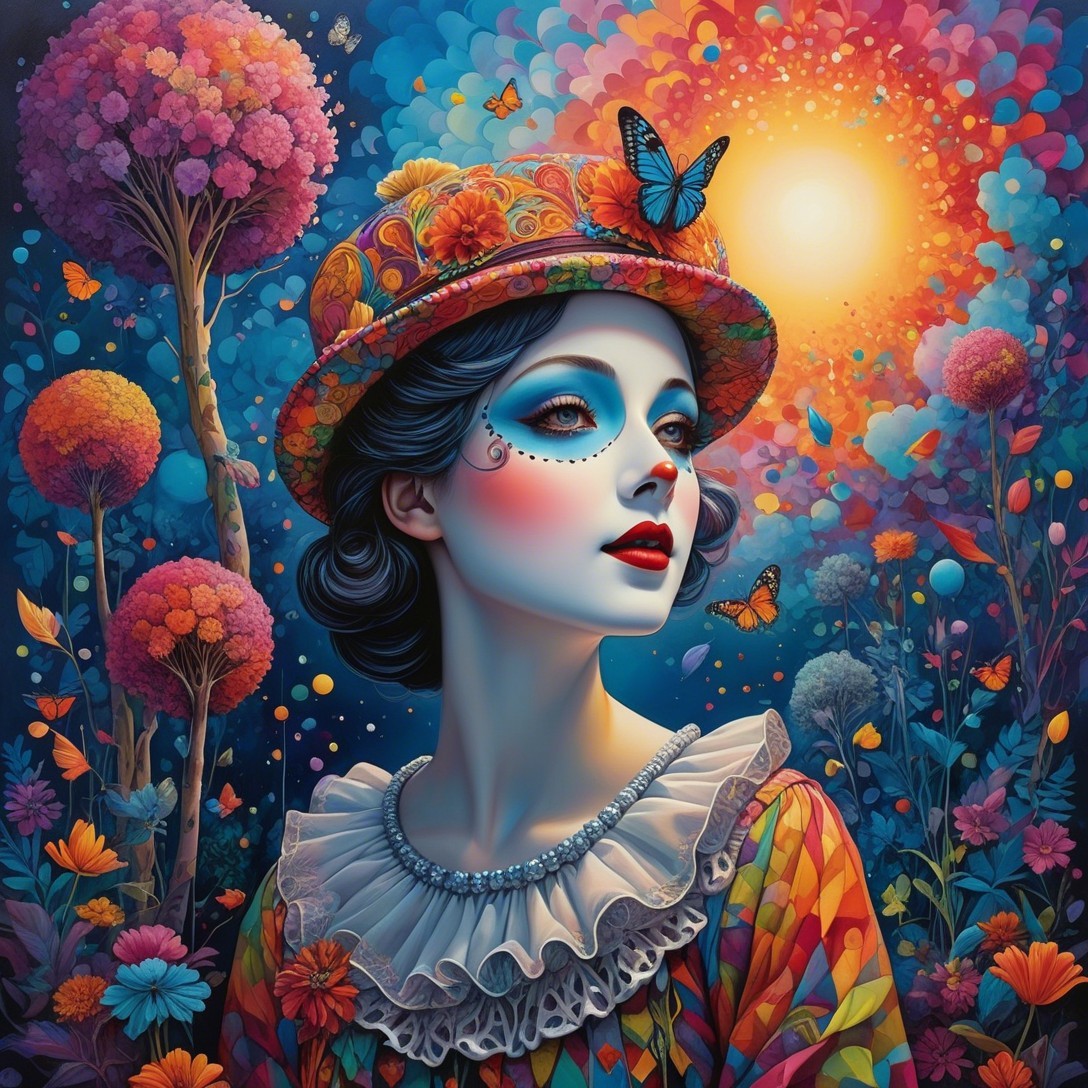 Surreal Portrait of a Woman with Colorful Hat and Flora