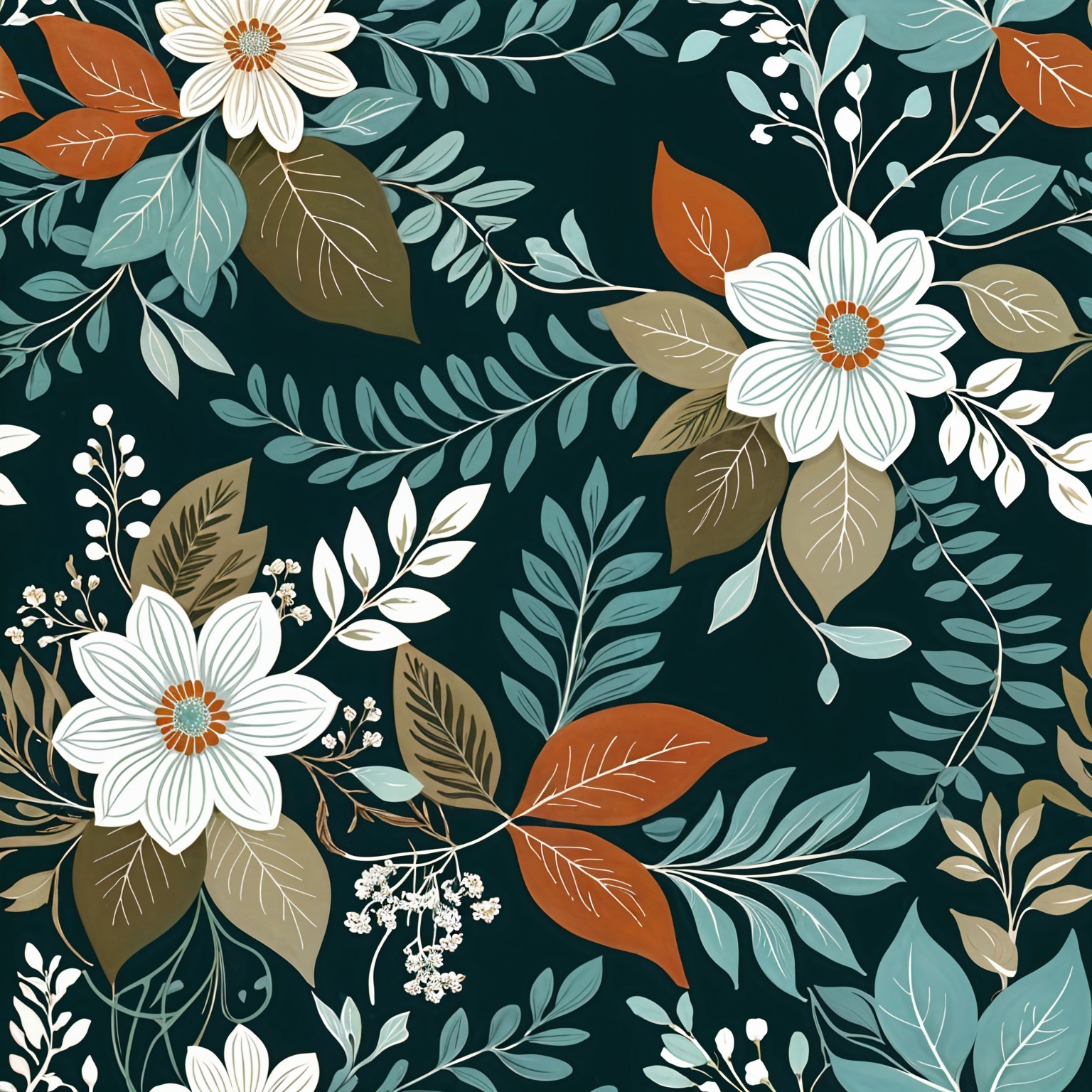 Vibrant Floral Pattern with White Flowers and Teal Background