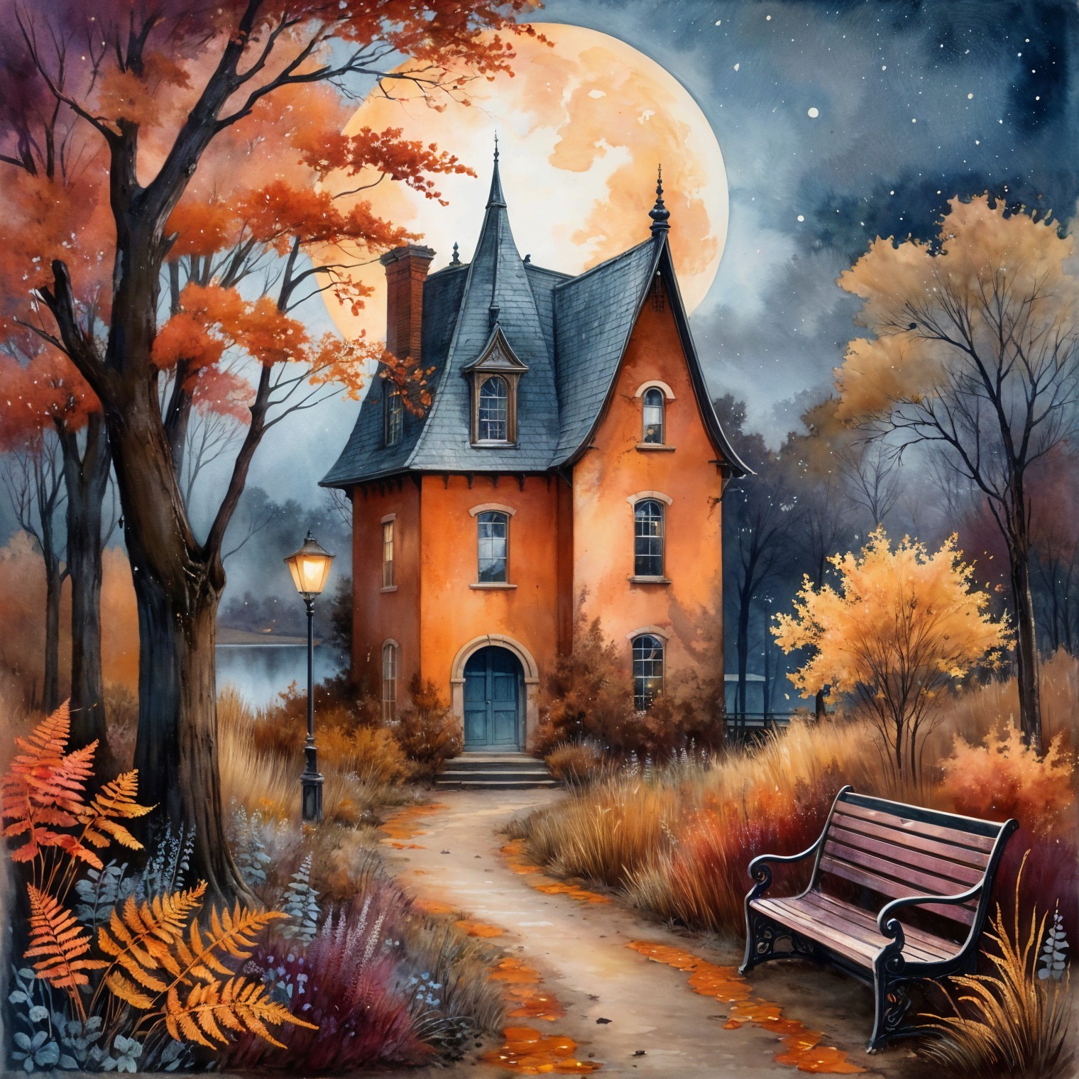 Whimsical Autumn Scene with Gothic Orange House