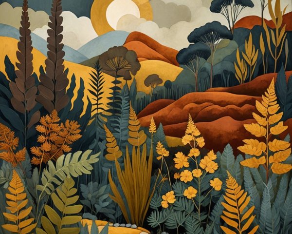 Vibrant Landscape with Rolling Hills and Setting Sun