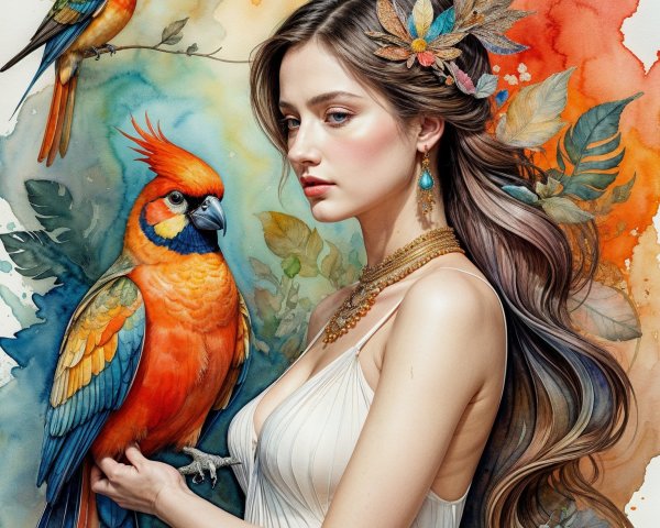 Woman with Colorful Leaves and Orange Parrot