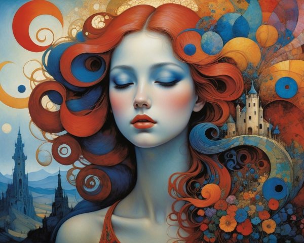 Fantastical Portrait of a Serene Woman with Colorful Hair