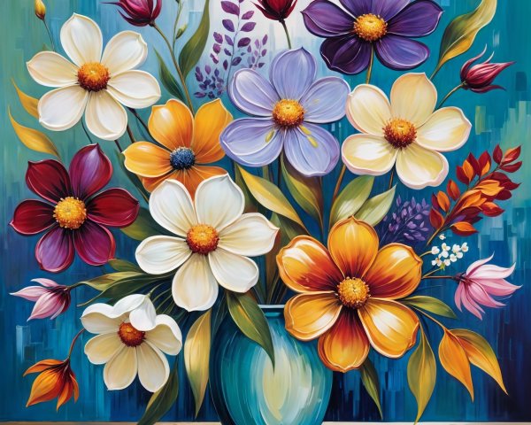 Vibrant Flower Bouquet in Teal Vase with Colorful Blooms