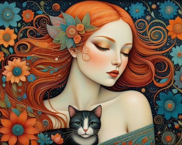 Serene Woman with Red Hair and Floral Elements