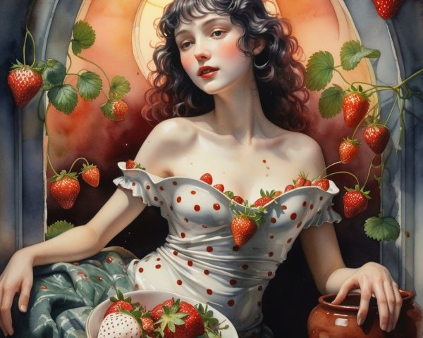 Young Woman in Off-Shoulder Dress Surrounded by Strawberries