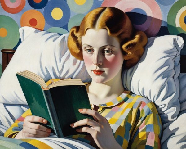 Painting of a Woman Reading in Bed with Colorful Attire