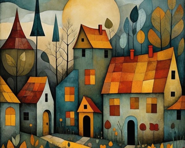 Whimsical Abstract Landscape with Colorful Houses