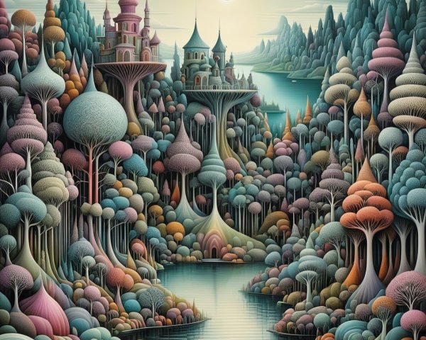 Whimsical Landscape with Colorful Trees and Castles