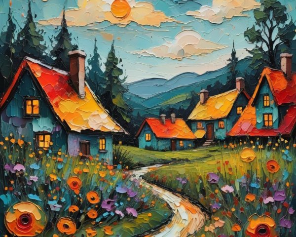 Vibrant Landscape with Colorful Houses and Wildflowers