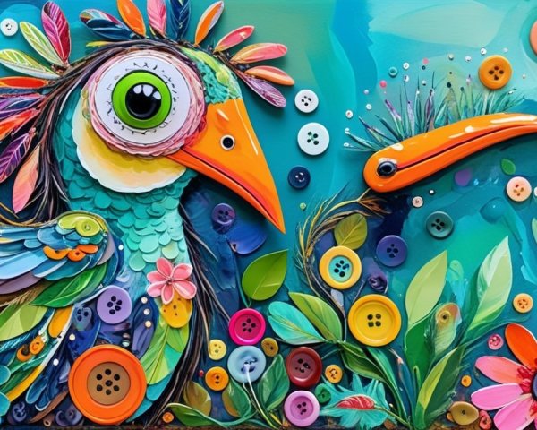 Colorful Artwork of Whimsical Bird in Floral Setting