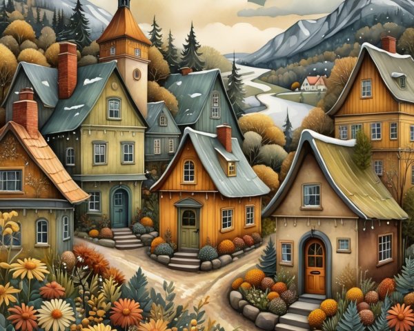 Charming Village Watercolor with Snow-Capped Mountains