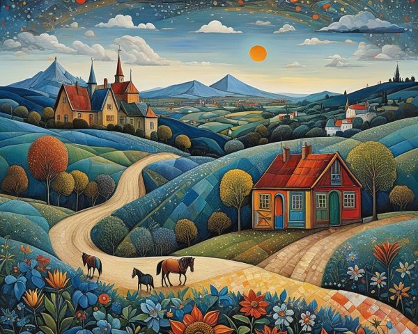 Vibrant Countryside Landscape with Rolling Hills and Houses