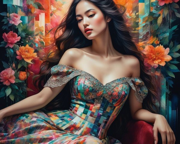 Young woman in vibrant dress amid floral backdrop