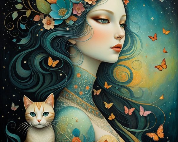 Serene woman with flowers and butterflies in artwork