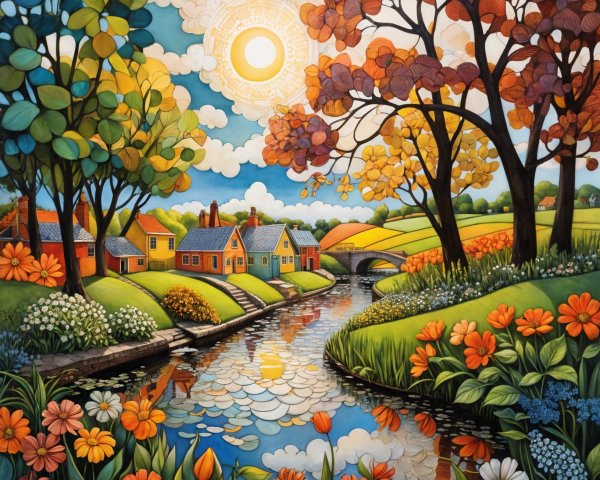 Vibrant Landscape with Serene River and Cozy Houses