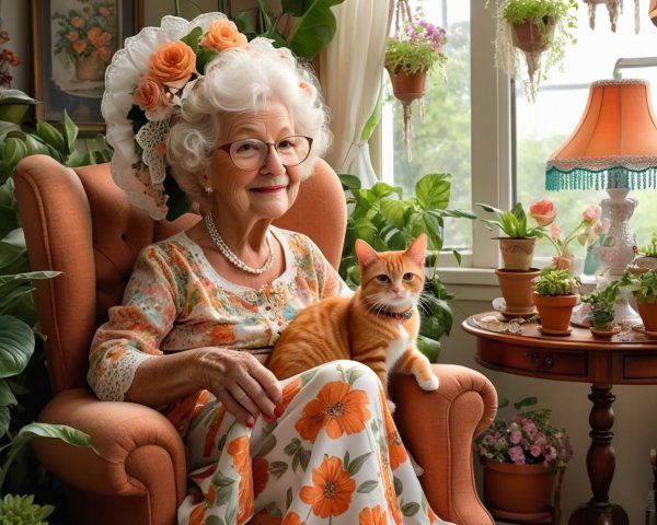 Elderly Woman in Floral Armchair with Ginger Cat