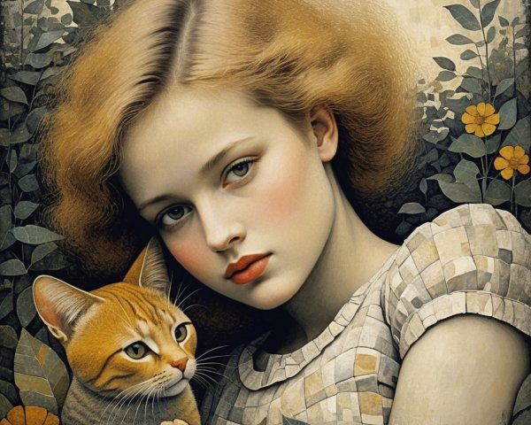 Young girl with blonde hair in nature with cat