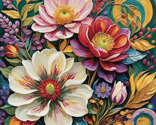 Vibrant Floral Composition with Rich Colors and Patterns